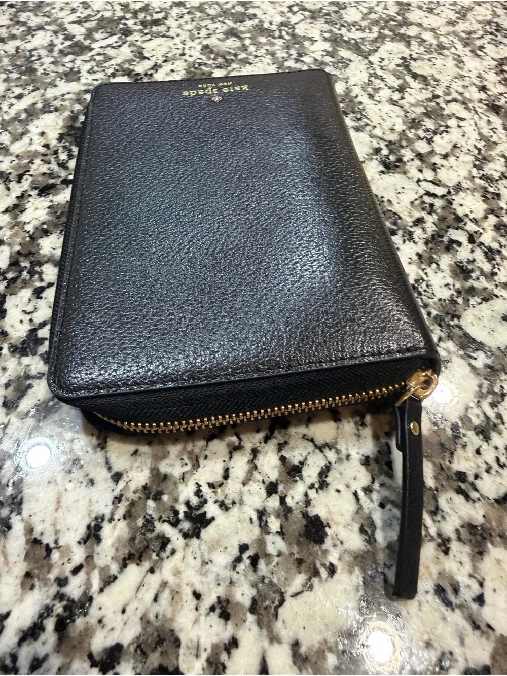 kate spade Black Pebbled Leather Zip Wallet with Gold Logo